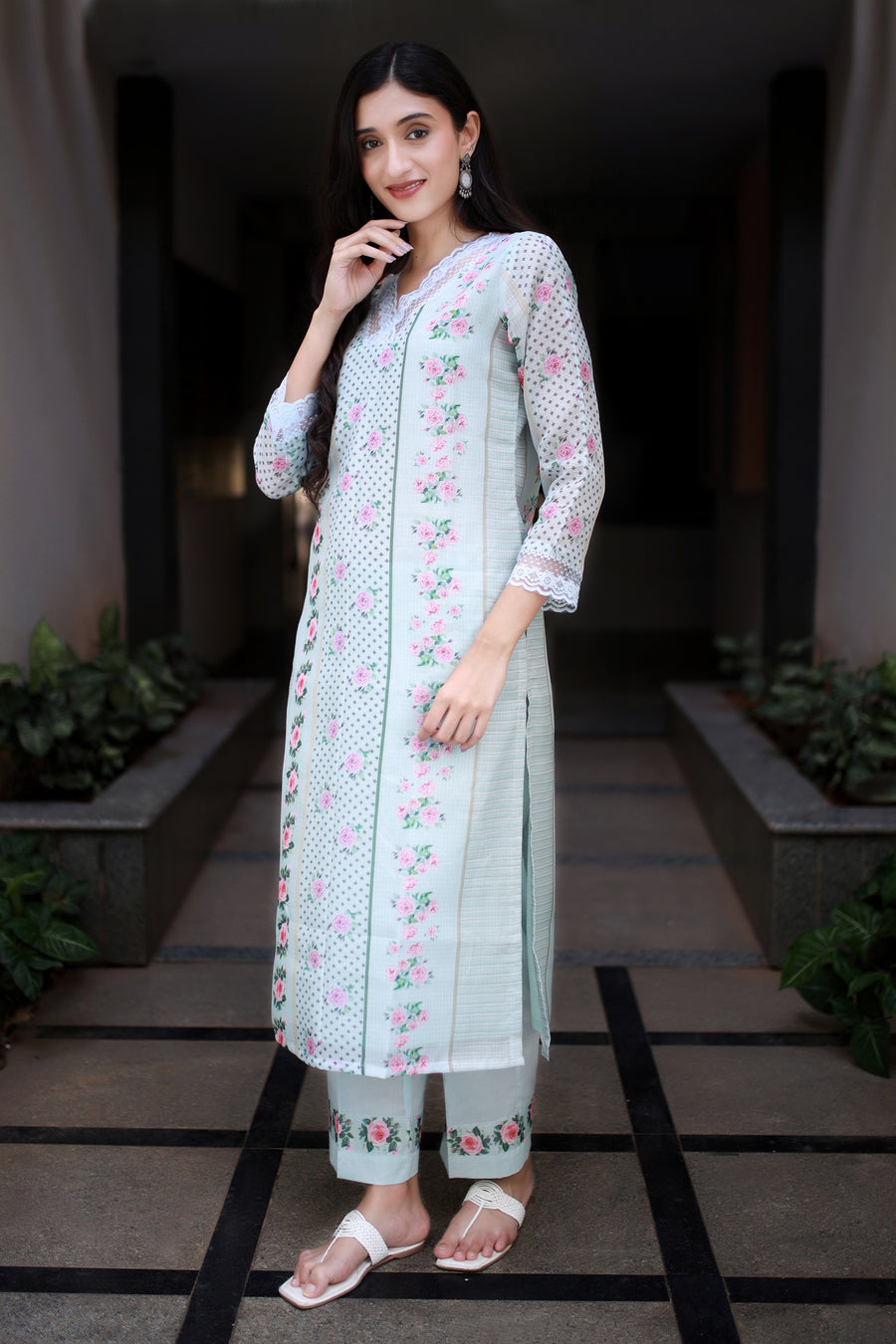 Teal Blue Green Modal-kota Kurta With Vintage Floral Design All Over And An Elaborate Yoke With Lace Detailing - Kurta & Pant with Dupatta