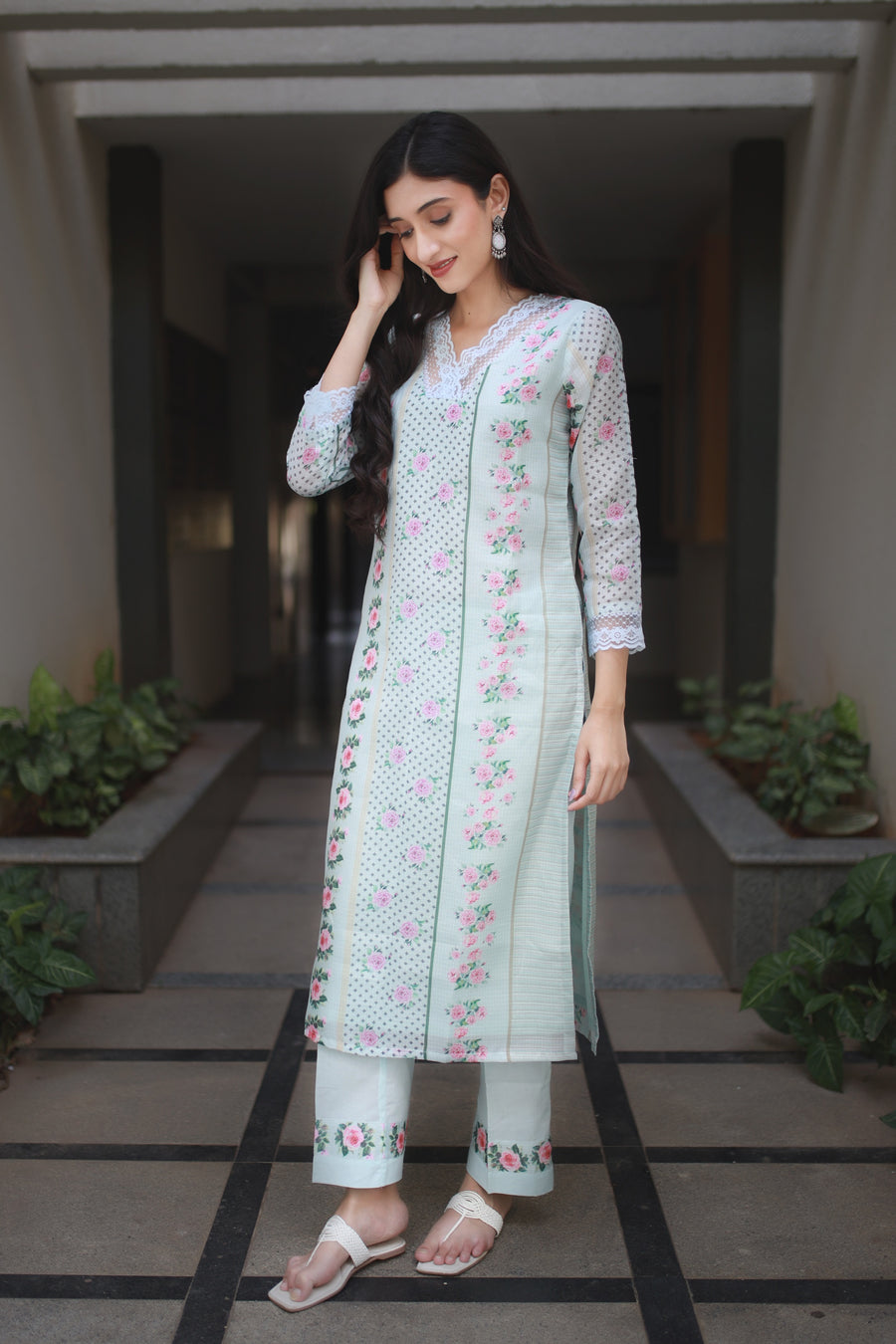Teal Blue Green Modal-kota Kurta With Vintage Floral Design All Over And An Elaborate Yoke With Lace Detailing - Kurta & Pant with Dupatta