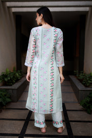 Teal Blue Green Modal-kota Kurta With Vintage Floral Design All Over And An Elaborate Yoke With Lace Detailing - Kurta & Pant with Dupatta