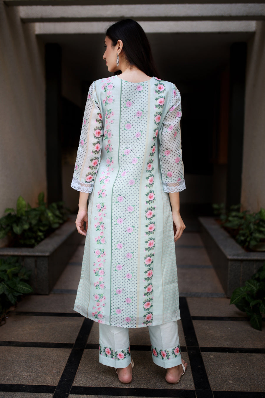 Teal Blue Green Modal-kota Kurta With Vintage Floral Design All Over And An Elaborate Yoke With Lace Detailing - Kurta & Pant with Dupatta