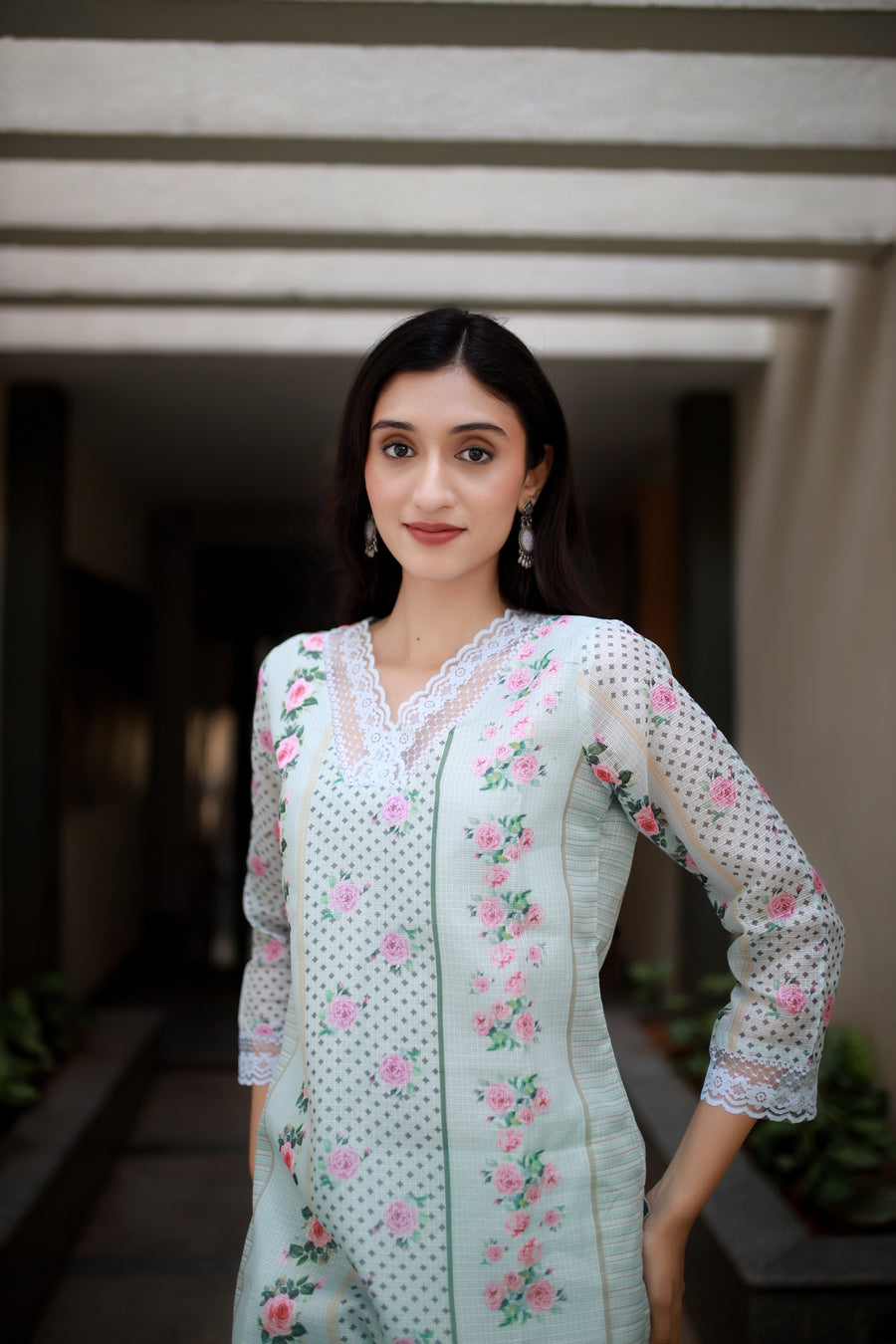 Teal Blue Green Modal-kota Kurta With Vintage Floral Design All Over And An Elaborate Yoke With Lace Detailing - Kurta & Pant with Dupatta