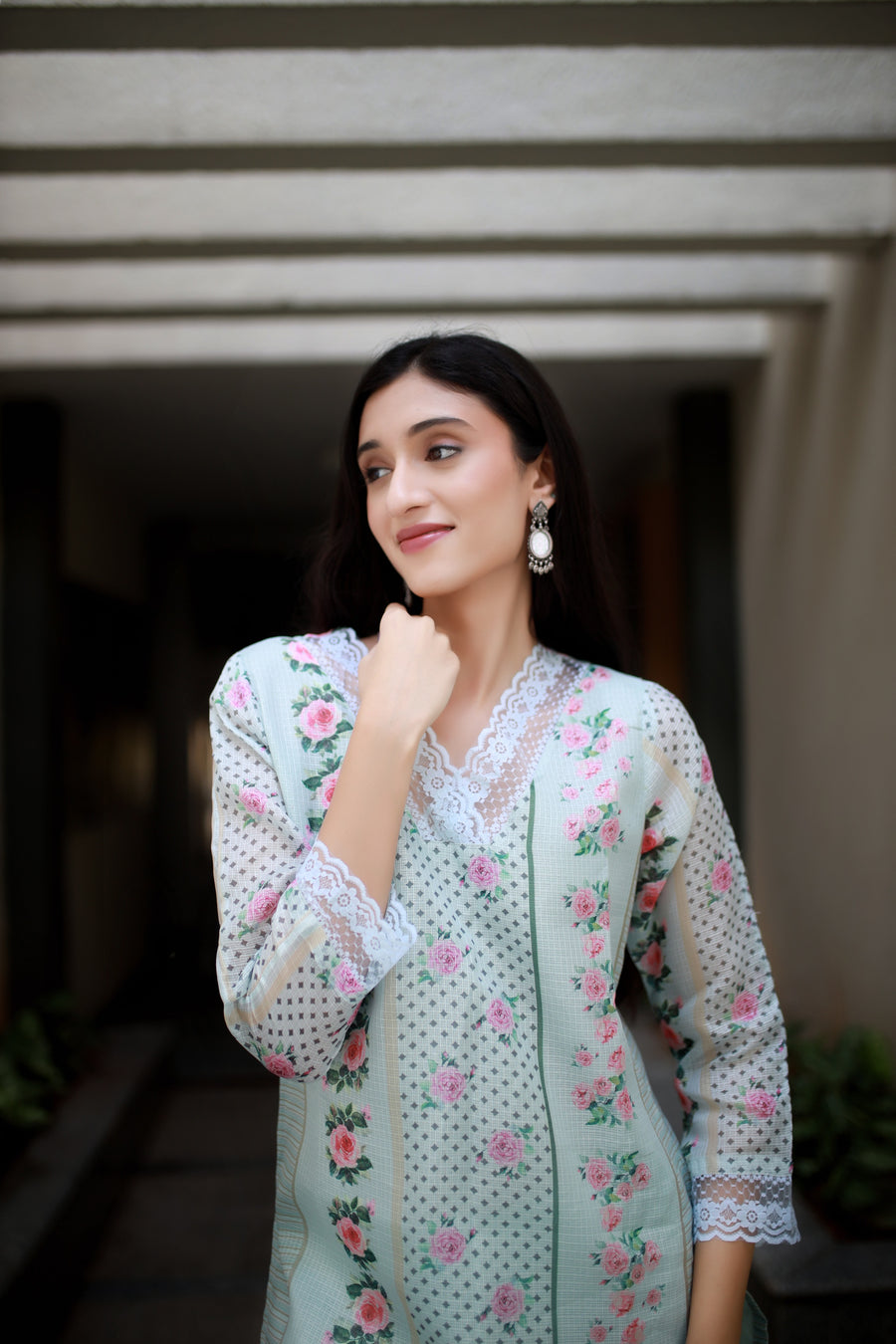 Teal Blue Green Modal-kota Kurta With Vintage Floral Design All Over And An Elaborate Yoke With Lace Detailing - Kurta & Pant with Dupatta