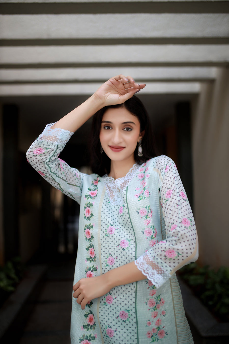 Teal Blue Green Modal-kota Kurta With Vintage Floral Design All Over And An Elaborate Yoke With Lace Detailing - Kurta & Pant with Dupatta