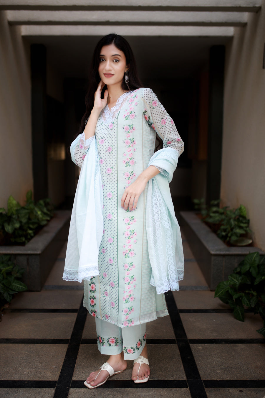 Teal Blue Green Modal-kota Kurta With Vintage Floral Design All Over And An Elaborate Yoke With Lace Detailing - Kurta & Pant with Dupatta