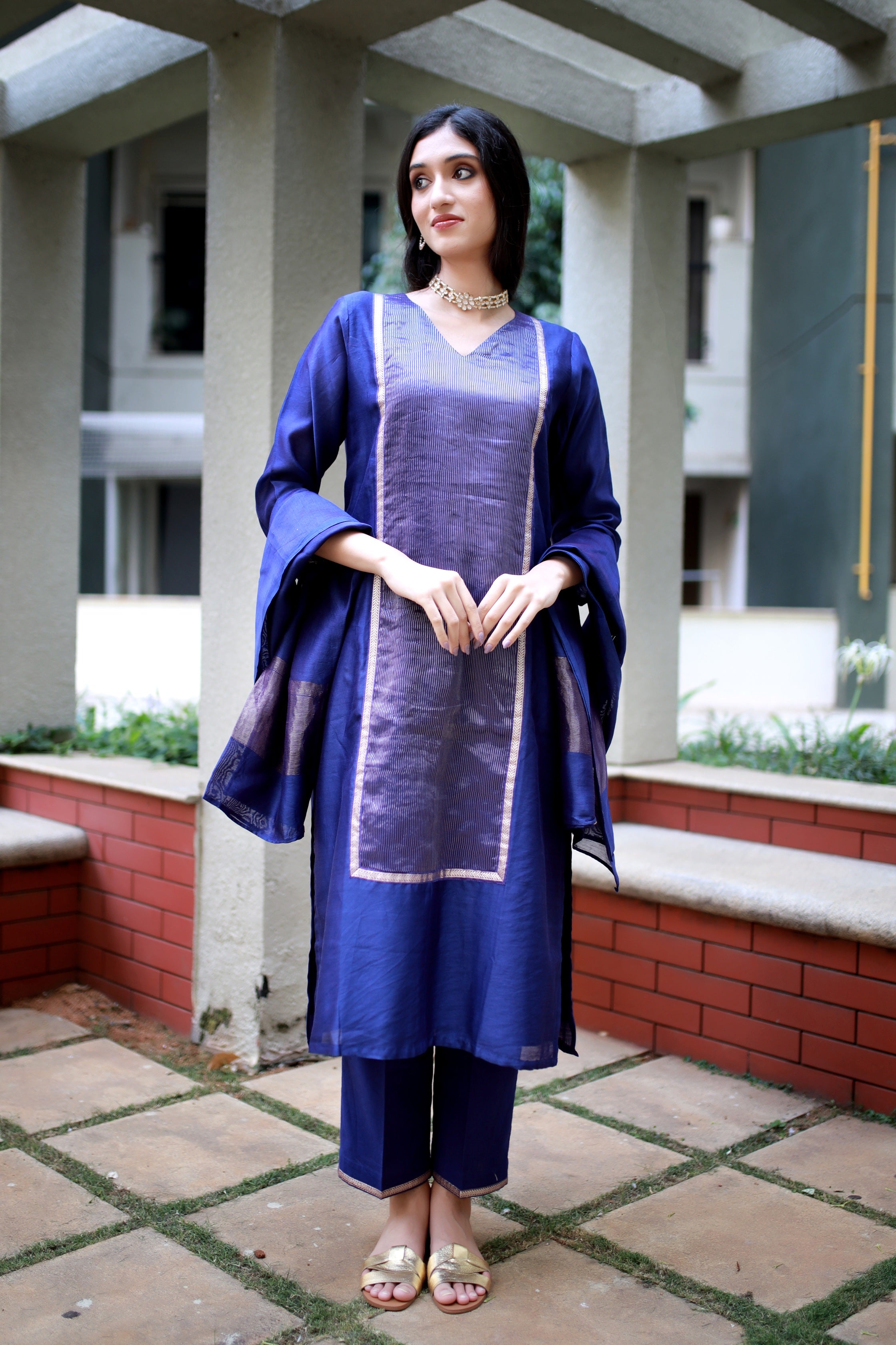 Silken Cobalt Handwoven Chanderi And Woven Silk Tissue - Kurta & Pant with Dupatta