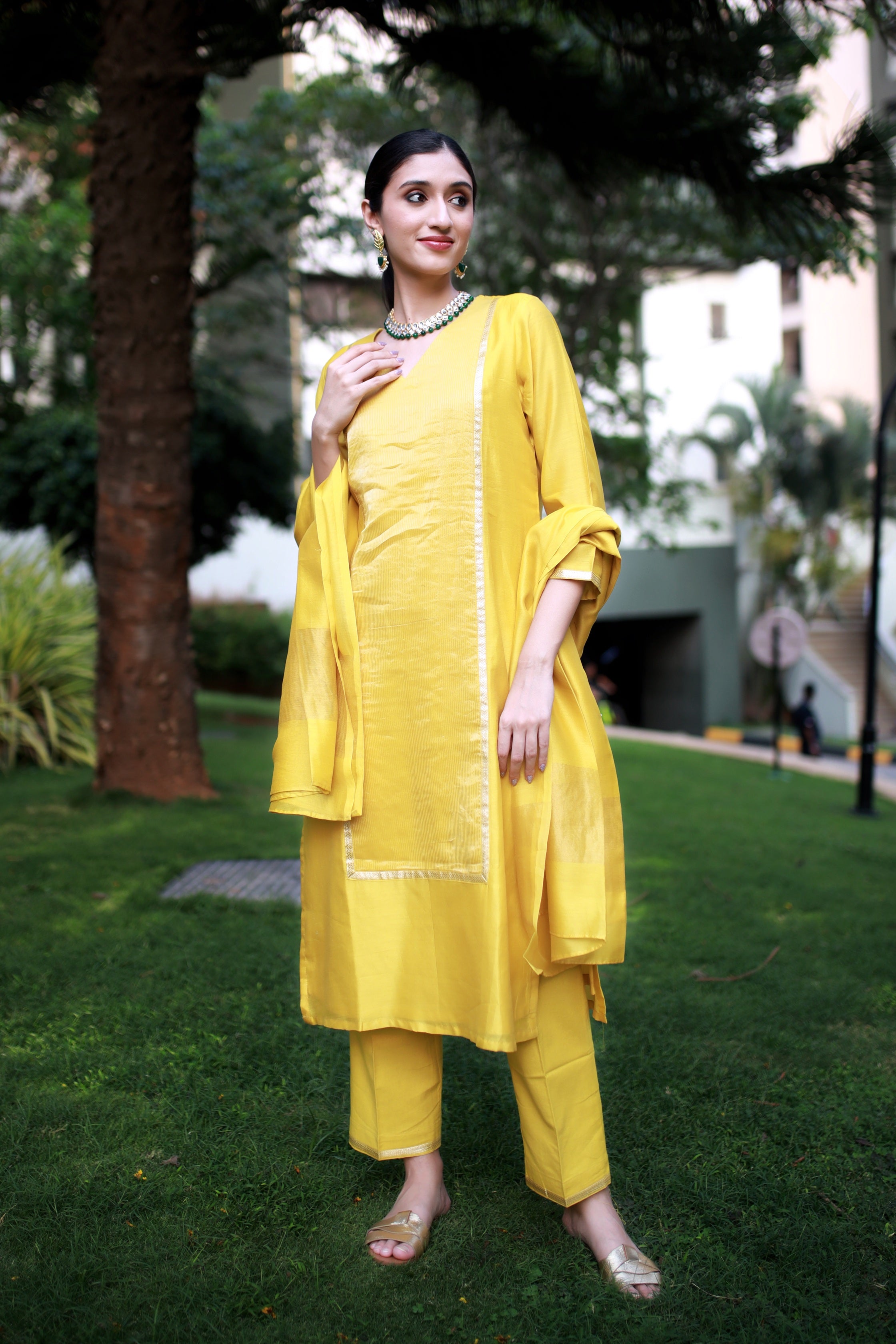 Golden Harvest Handwoven Chanderi And Woven Silk Tissue - Kurta & Pant with Dupatta