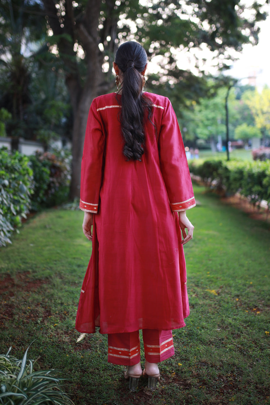 Burnt Saffron Handwoven Chanderi And Antique Brocade - Kurta & Pant with Dupatta