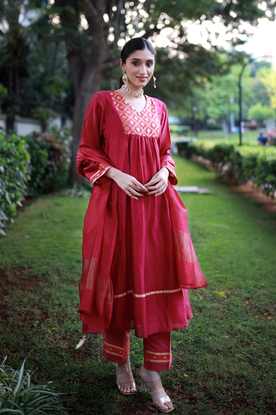 Burnt Saffron Handwoven Chanderi And Antique Brocade - Kurta & Pant with Dupatta
