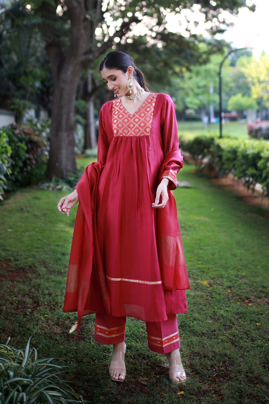 Burnt Saffron Handwoven Chanderi And Antique Brocade - Kurta & Pant with Dupatta