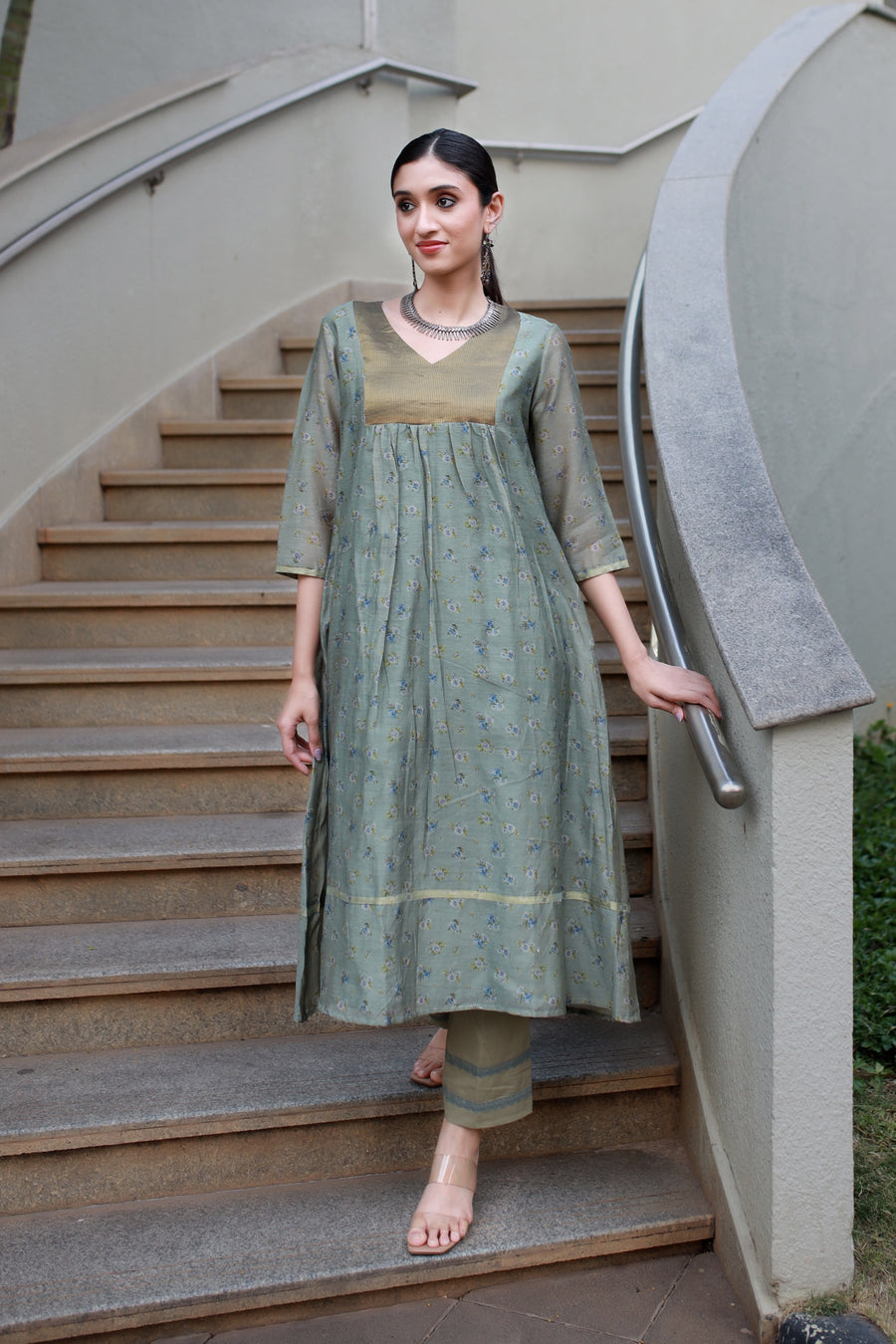 Dusky Olive Handwoven Chanderi And Woven Silk Tissue - Kurta & Pant with Dupatta