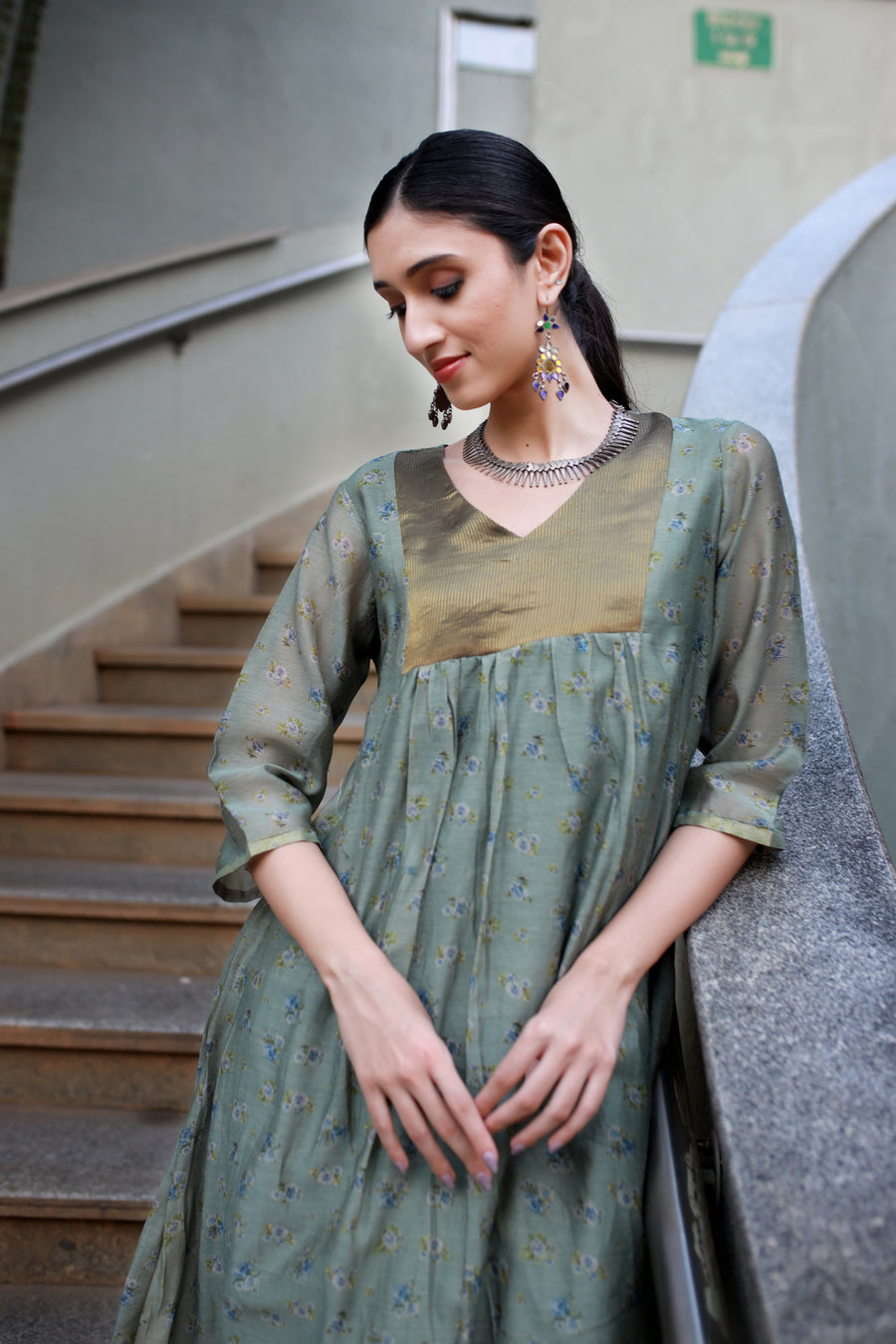 Dusky Olive Handwoven Chanderi And Woven Silk Tissue - Kurta & Pant with Dupatta