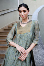 Dusky Olive Handwoven Chanderi And Woven Silk Tissue - Kurta & Pant with Dupatta