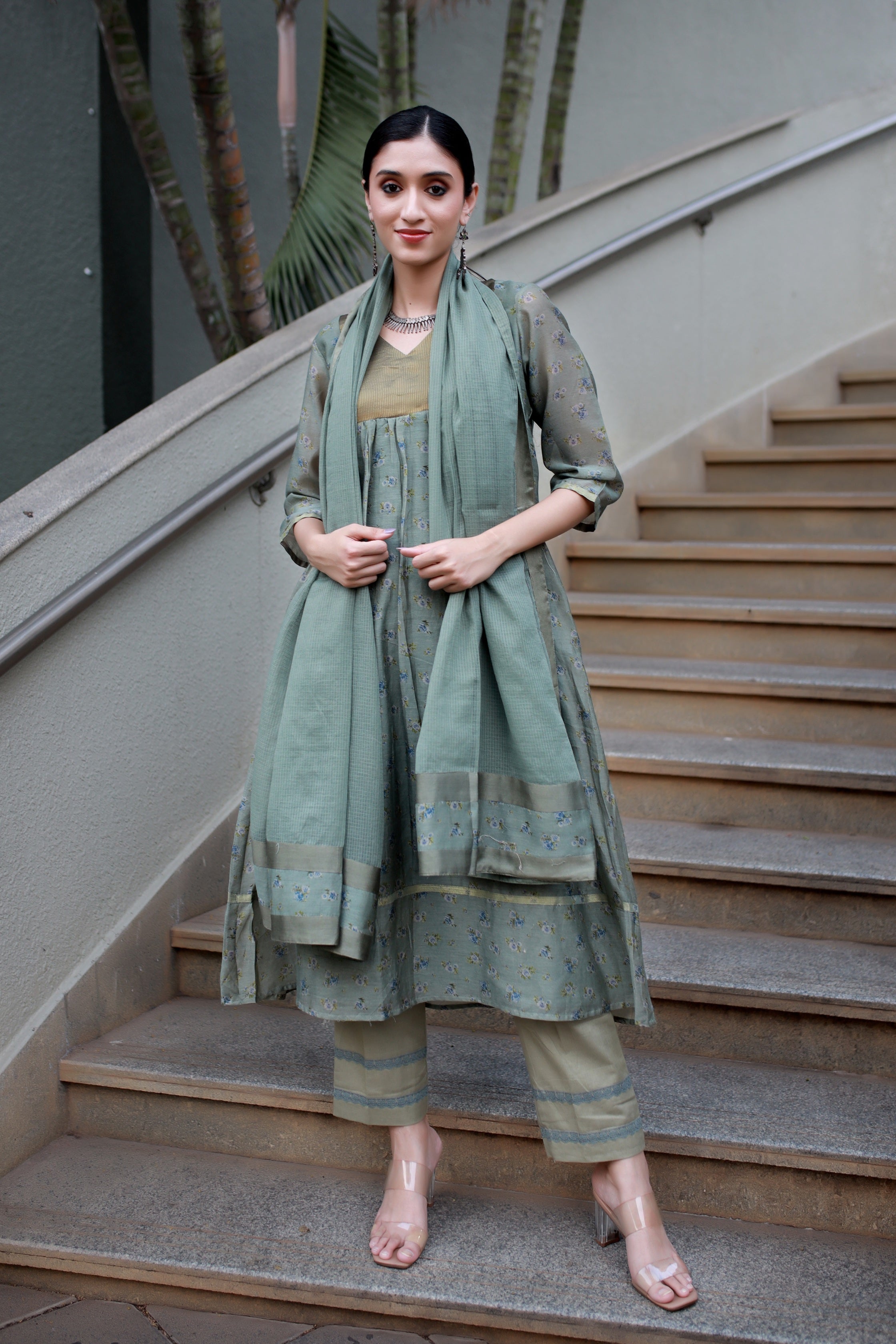 Dusky Olive Handwoven Chanderi And Woven Silk Tissue - Kurta & Pant with Dupatta
