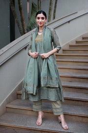 Dusky Olive Handwoven Chanderi And Woven Silk Tissue - Kurta & Pant with Dupatta