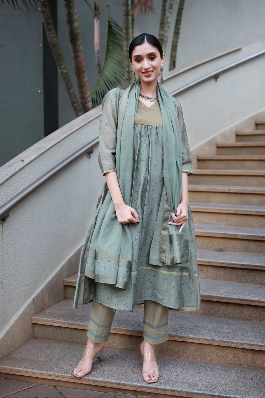 Dusky Olive Handwoven Chanderi And Woven Silk Tissue - Kurta & Pant with Dupatta