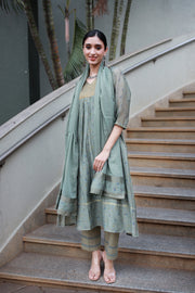 Dusky Olive Handwoven Chanderi And Woven Silk Tissue - Kurta & Pant with Dupatta