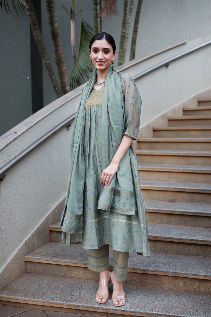 Dusky Olive Handwoven Chanderi And Woven Silk Tissue - Kurta & Pant with Dupatta