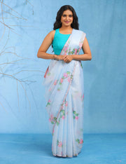 Celestial Blue Lightweight Kota Saree With Vintage Watercolor Floral Prints