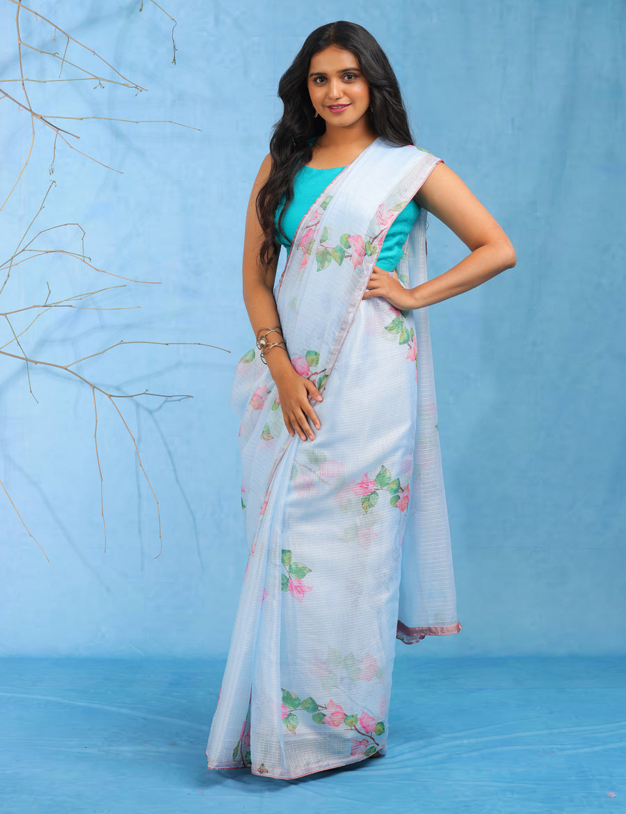 Celestial Blue Lightweight Kota Saree With Vintage Watercolor Floral Prints