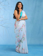 Celestial Blue Lightweight Kota Saree With Vintage Watercolor Floral Prints