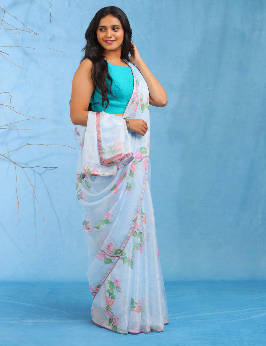 Celestial Blue Lightweight Kota Saree With Vintage Watercolor Floral Prints