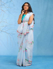 Celestial Blue Lightweight Kota Saree With Vintage Watercolor Floral Prints