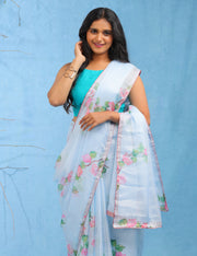 Celestial Blue Lightweight Kota Saree With Vintage Watercolor Floral Prints