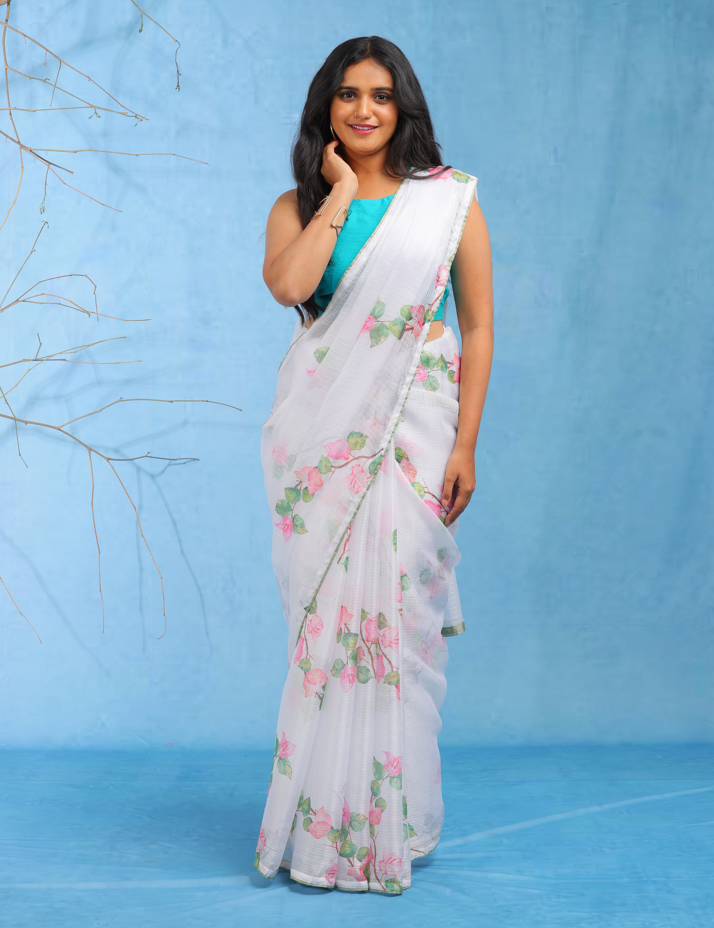 Snow Lightweight Kota Saree With Vintage Watercolor Floral Prints
