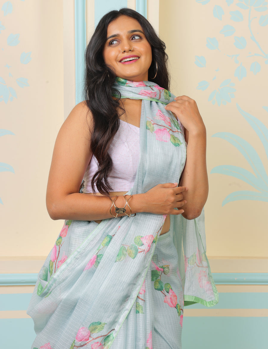 Fuchsia Lightweight Kota Saree With Vintage Watercolor Floral Prints