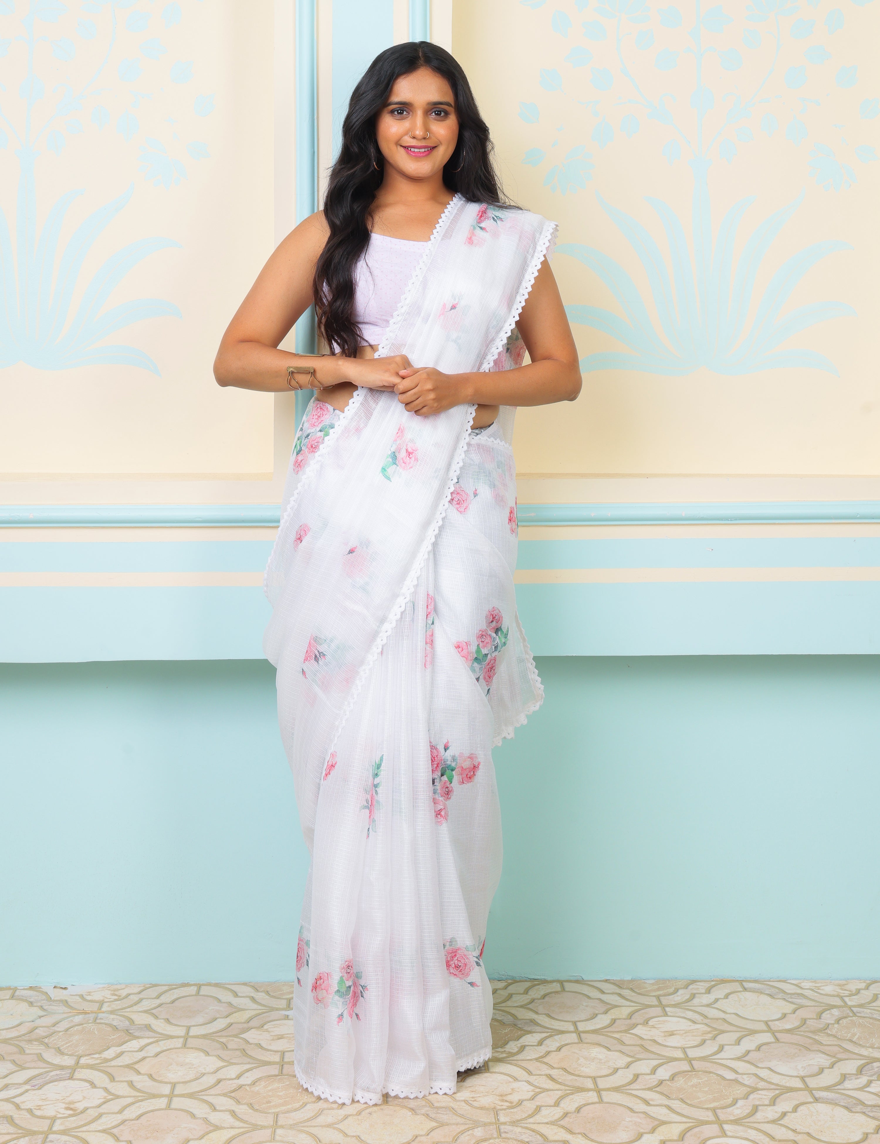Snow Lightweight Kota Saree With Vintage Watercolor Floral Prints