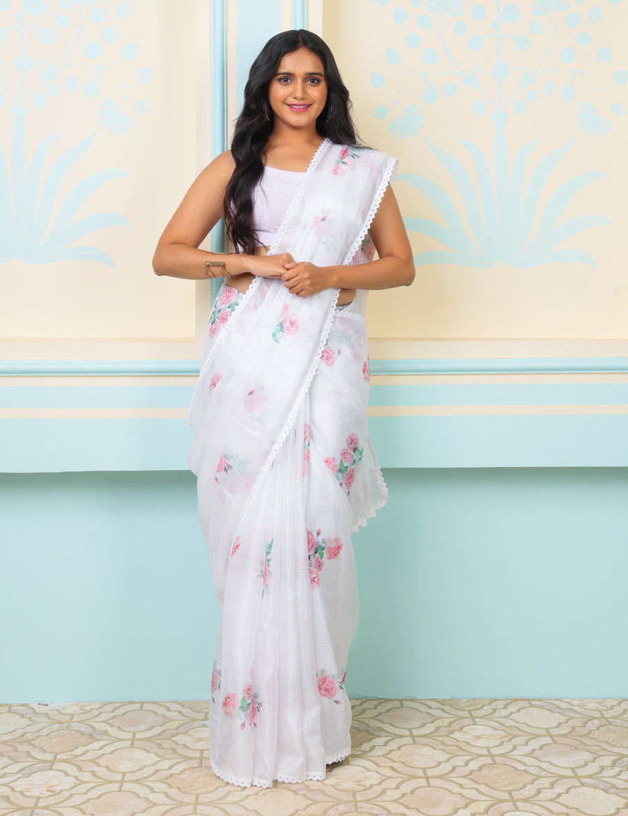Snow Lightweight Kota Saree With Vintage Watercolor Floral Prints