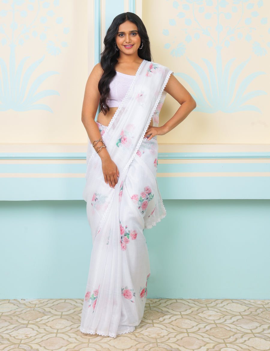 Snow Lightweight Kota Saree With Vintage Watercolor Floral Prints