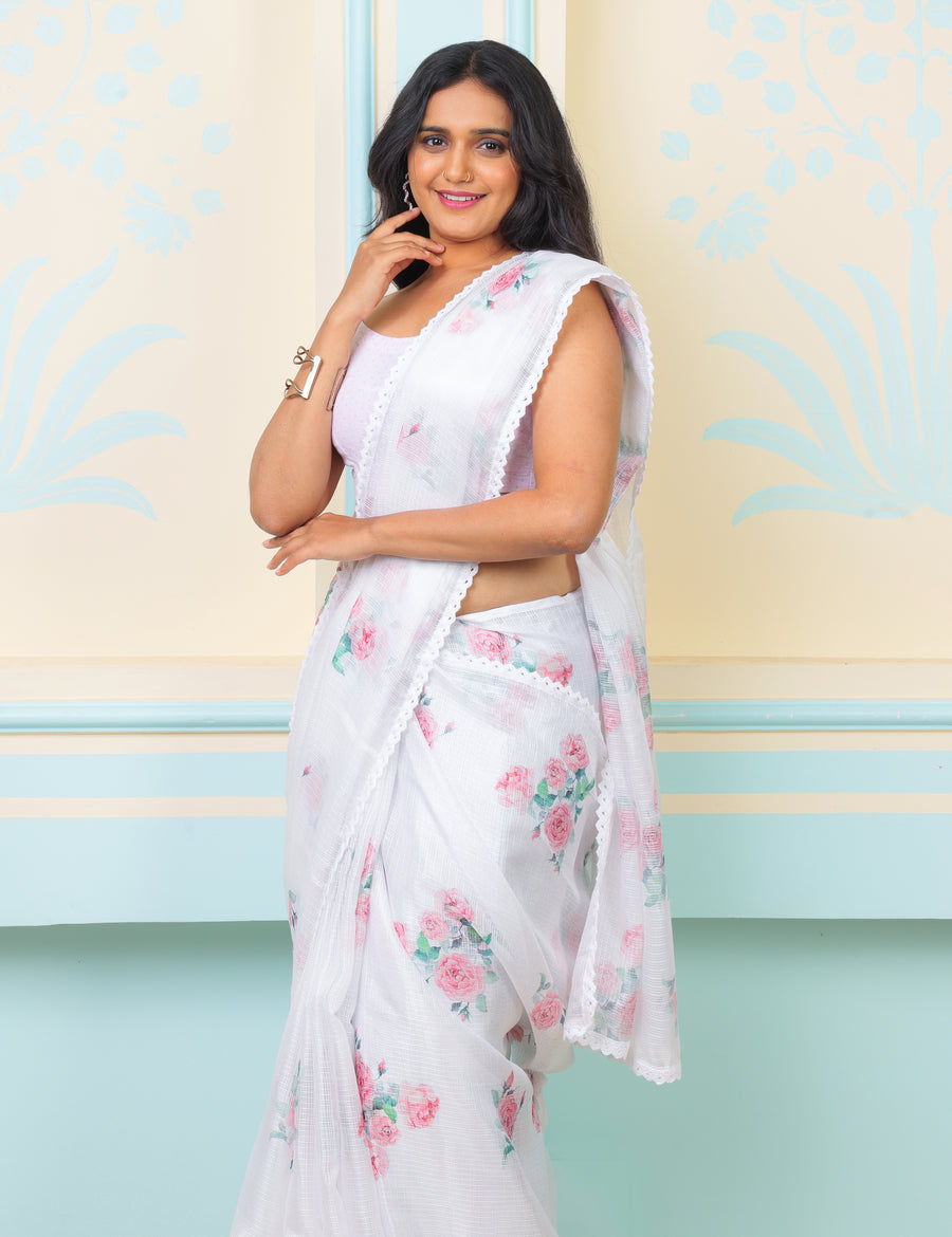 Snow Lightweight Kota Saree With Vintage Watercolor Floral Prints