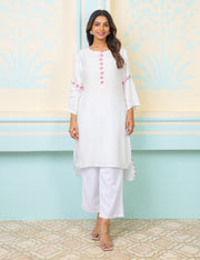 Off White Cord Set In Modal -Muslin With Lotus Print At The Back And Pattern In Front - Kurta & Pant