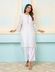 Off White Cord Set In Modal -Muslin With Lotus Print At The Back And Pattern In Front - Kurta & Pant