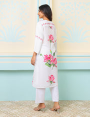 Off White Cord Set In Modal -Muslin With Lotus Print At The Back And Pattern In Front - Kurta & Pant