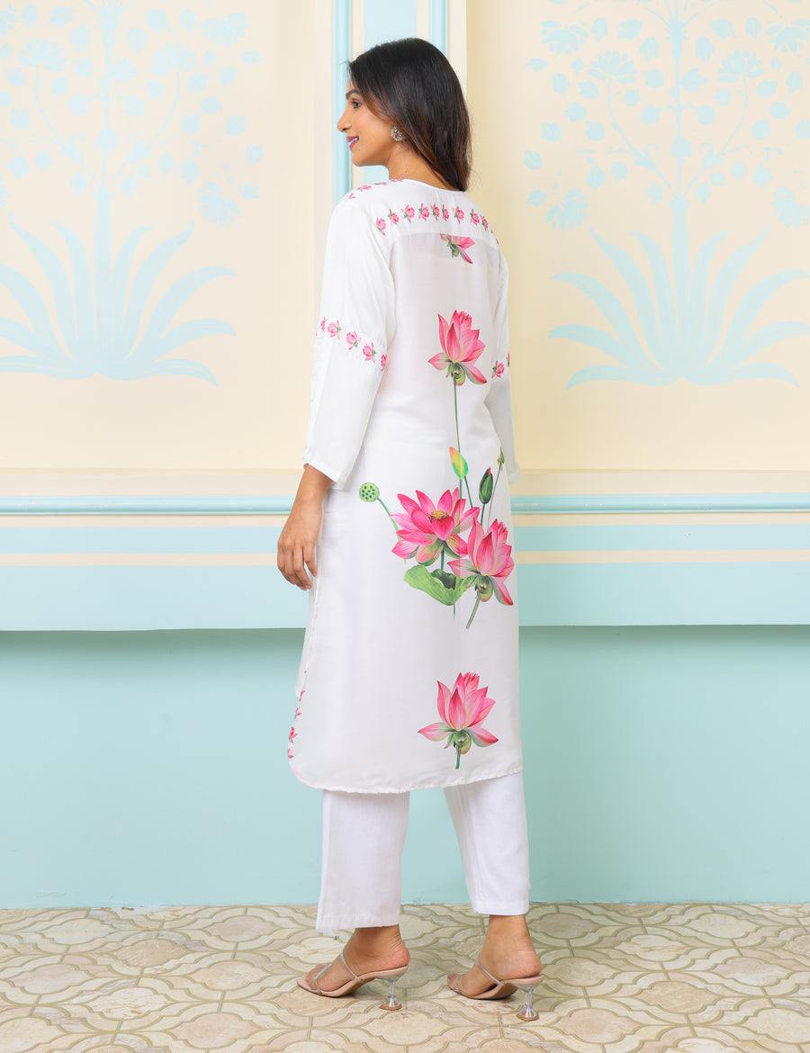 Off White Cord Set In Modal -Muslin With Lotus Print At The Back And Pattern In Front - Kurta & Pant