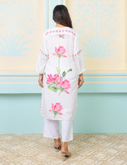 Off White Cord Set In Modal -Muslin With Lotus Print At The Back And Pattern In Front - Kurta & Pant