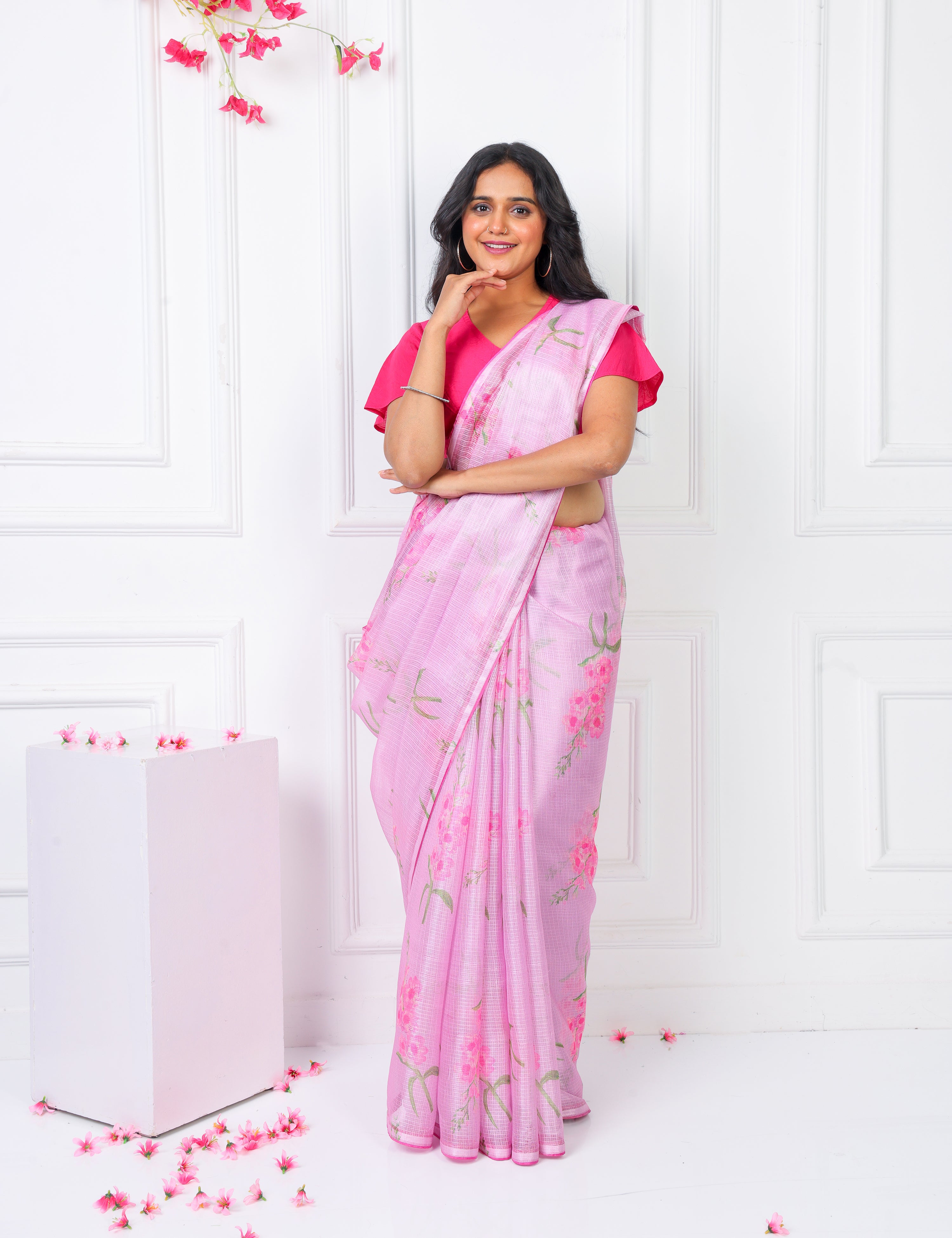 Rose Quartz Lightweight Kota Saree With Vintage Watercolor Floral Prints
