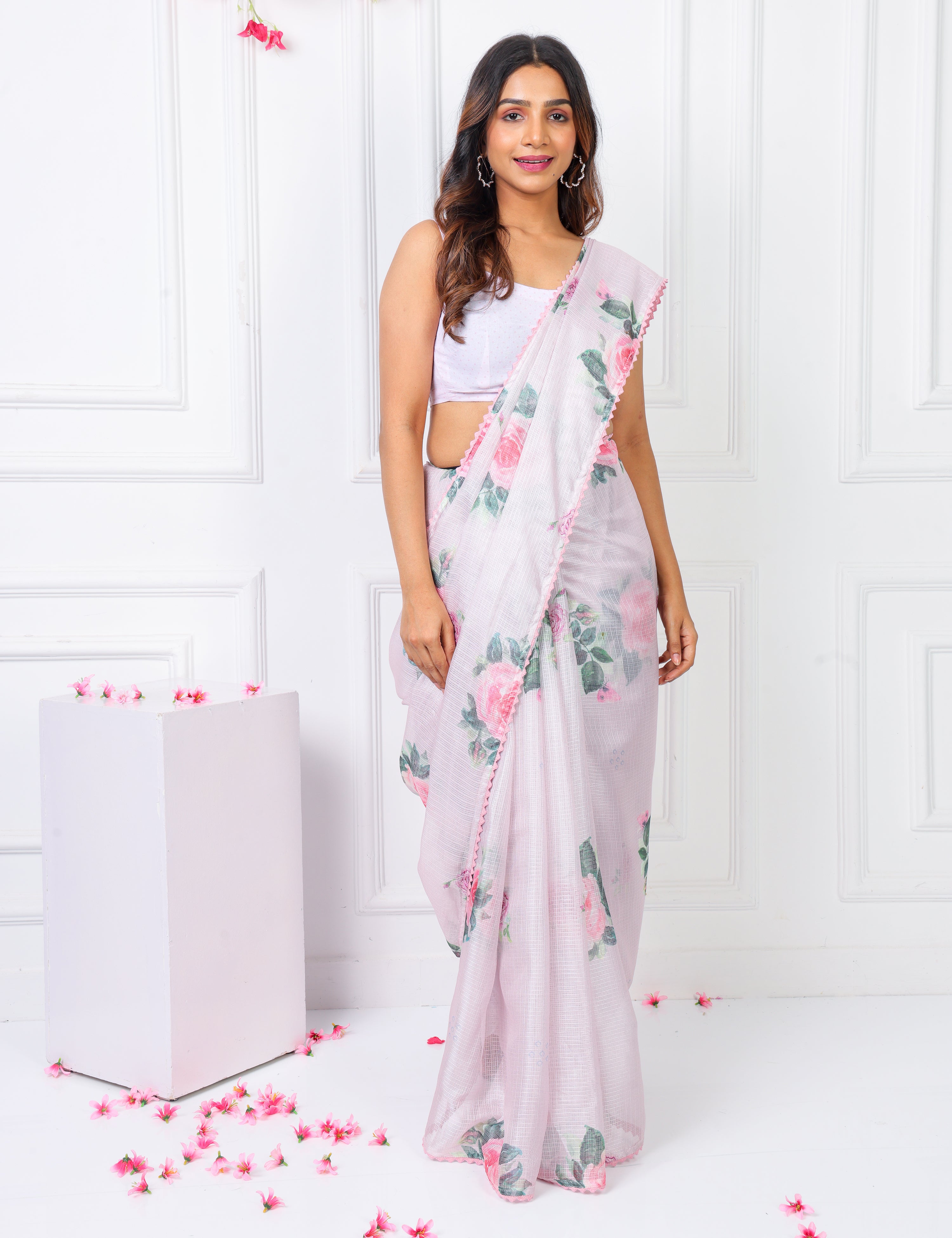 Powder Pink Lightweight Kota Saree With Vintage Watercolor Floral Prints