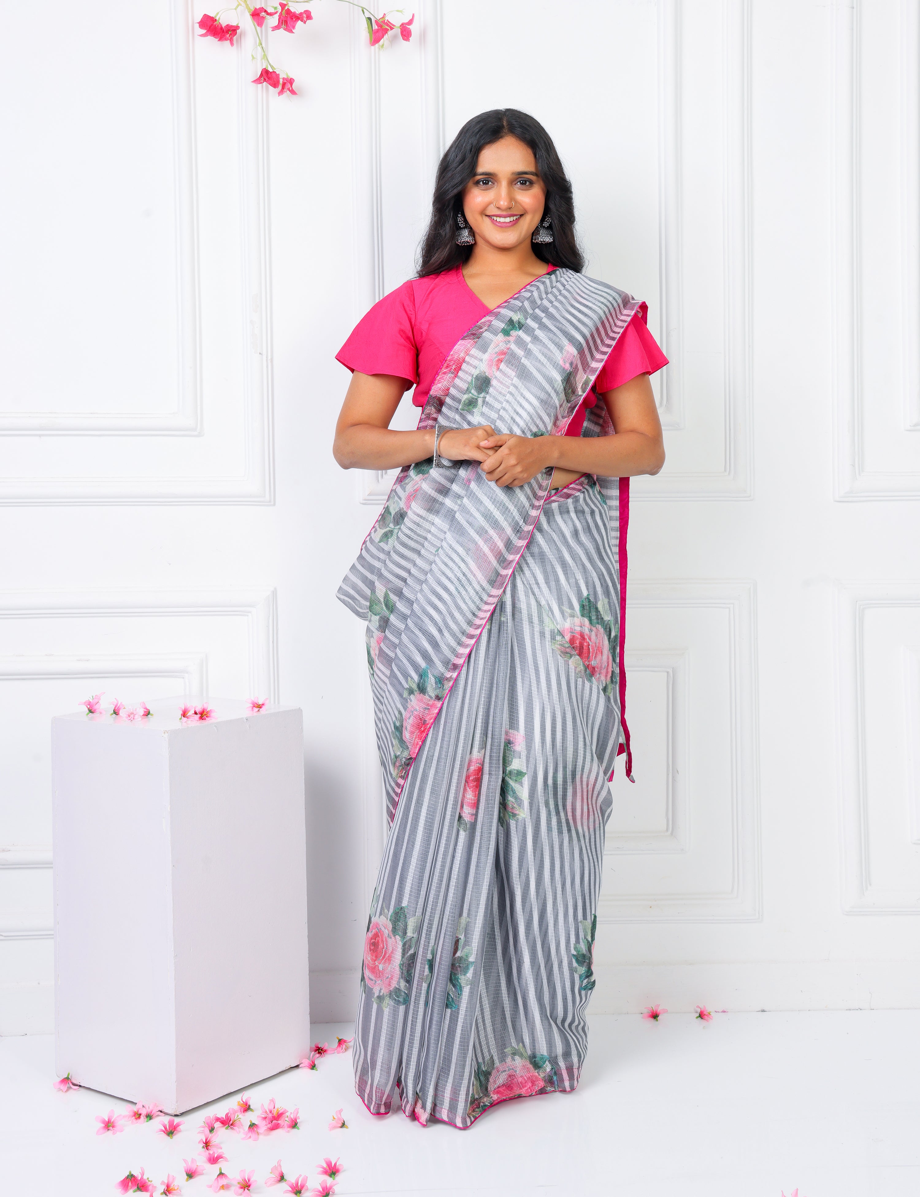 Ash Grey & Ivory Lightweight Kota Saree With Vintage Watercolor Floral Prints