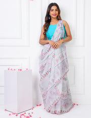 Shell Pink Lightweight Kota Saree With Vintage Watercolor Floral Prints