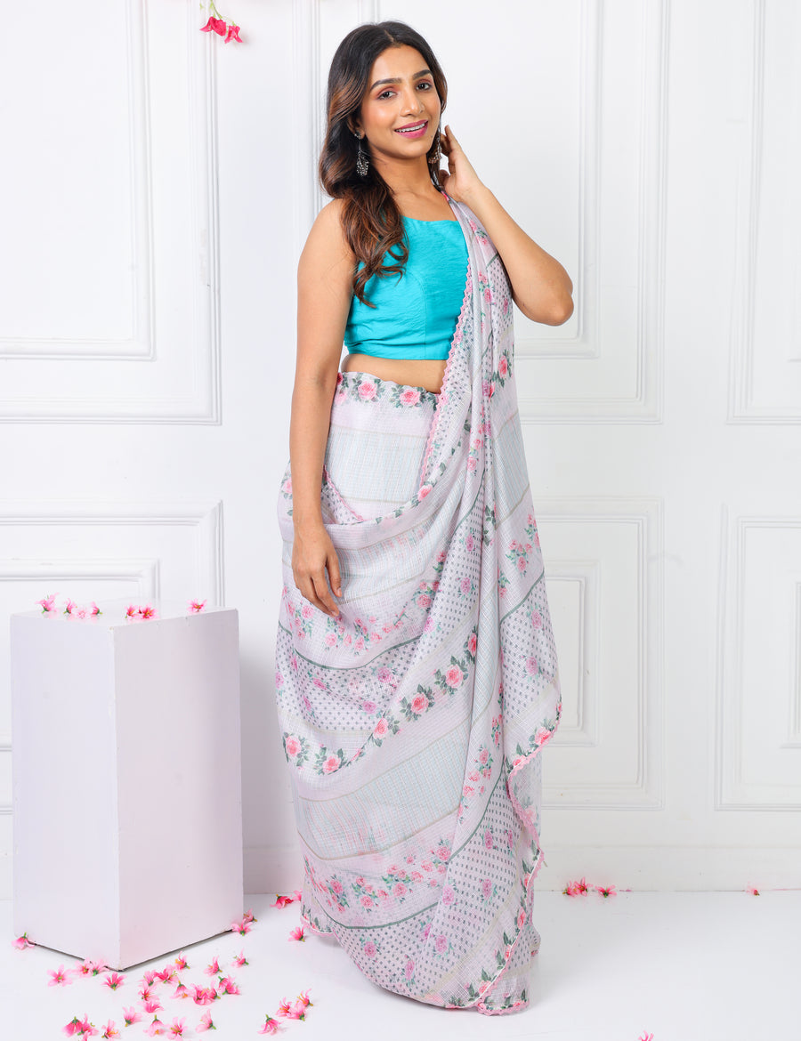 Shell Pink Lightweight Kota Saree With Vintage Watercolor Floral Prints