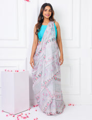 Shell Pink Lightweight Kota Saree With Vintage Watercolor Floral Prints