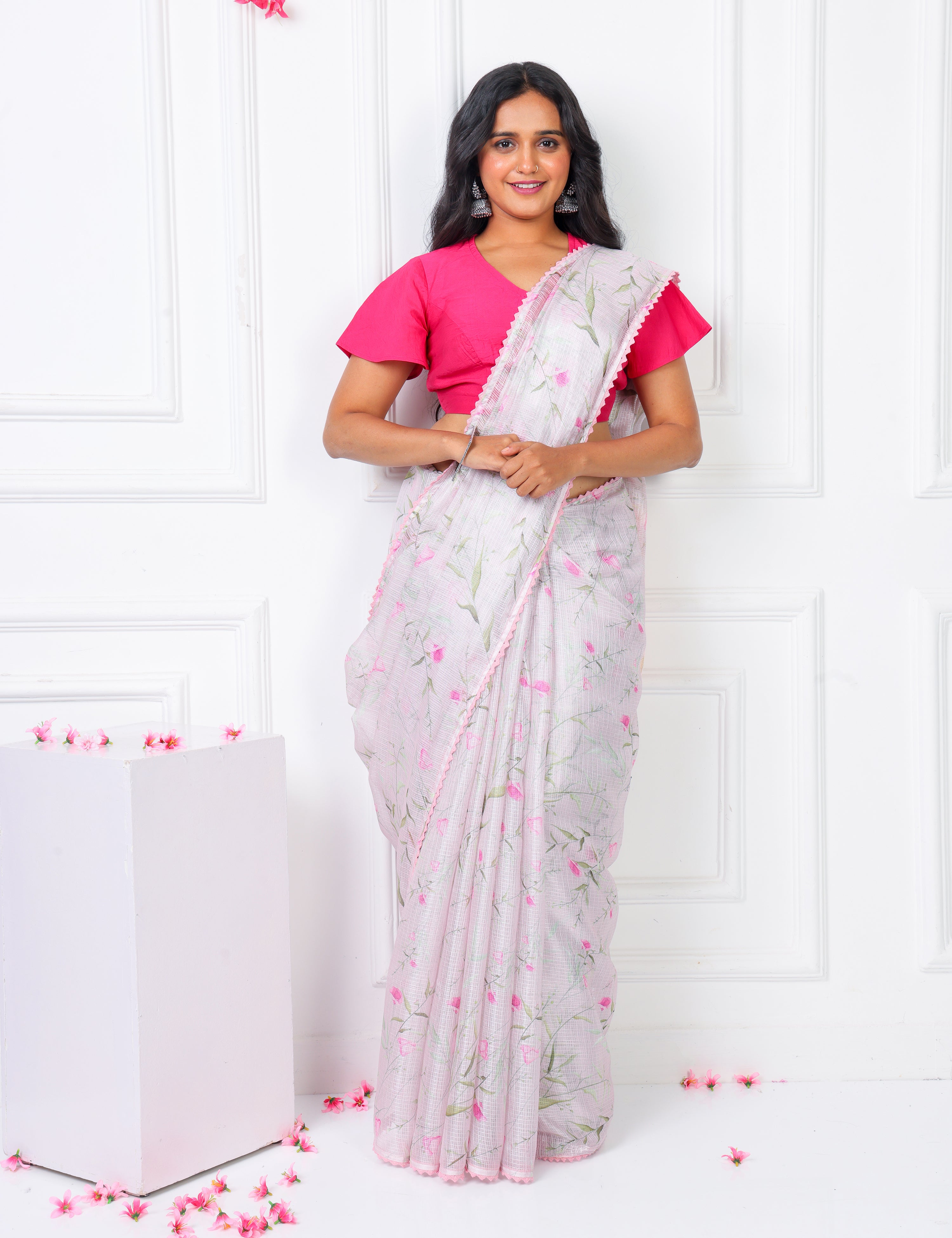 Ballet Slipper Pink Lightweight Kota Saree With Vintage Watercolor Floral Prints