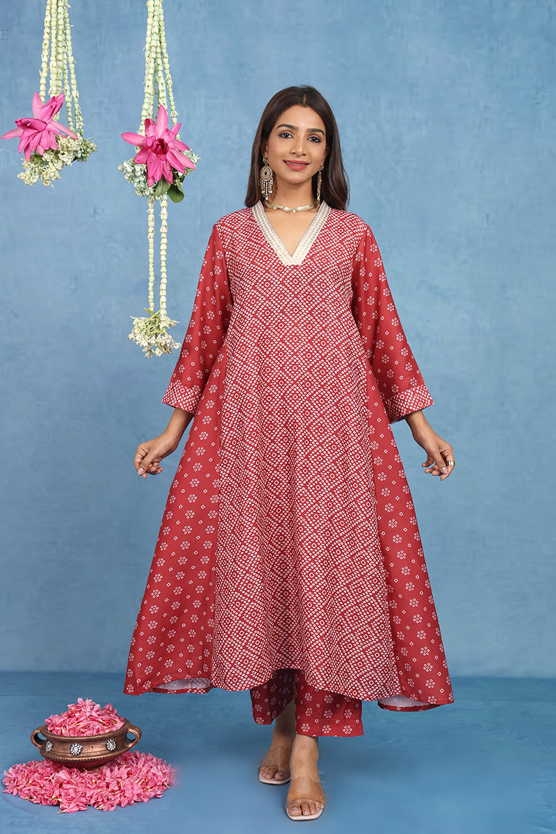 Malhaar Red Bhandini Cotton Kurta