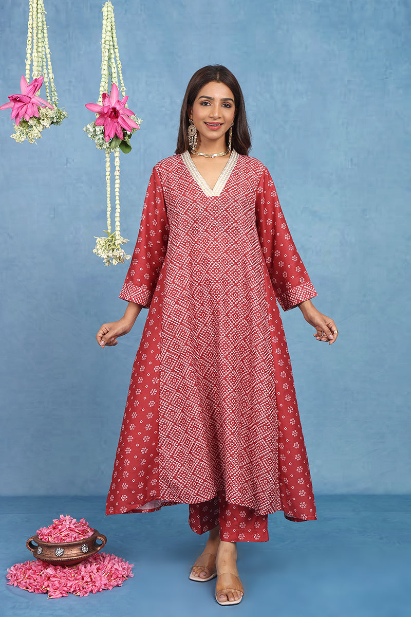 Malhaar Red Bhandini Cotton Kurta
