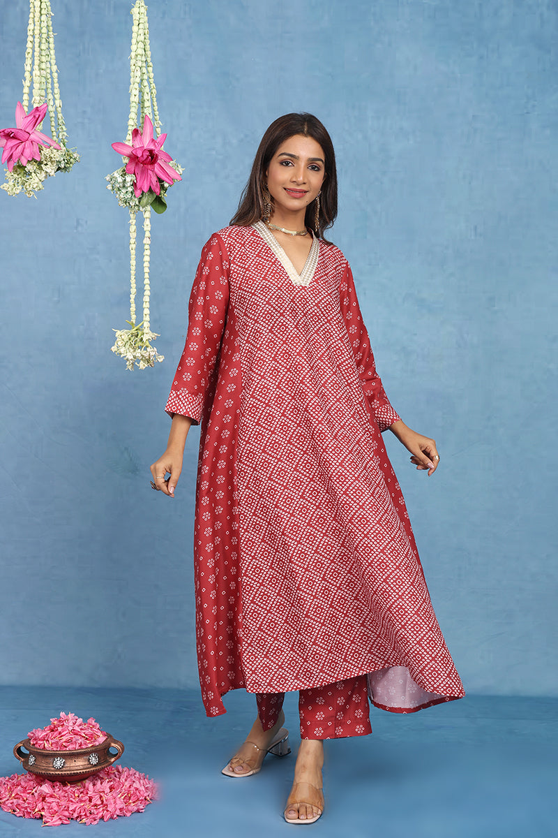 Malhaar Red Bhandini Cotton Kurta