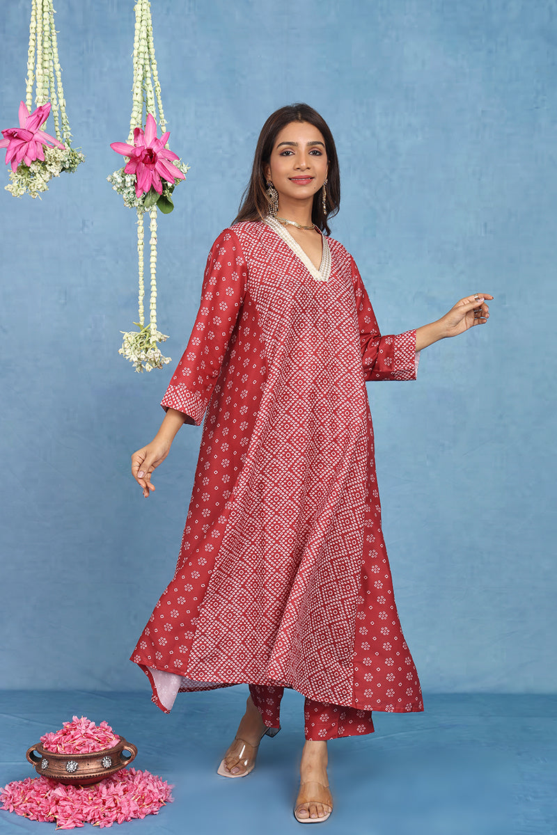 Malhaar Red Bhandini Cotton Kurta