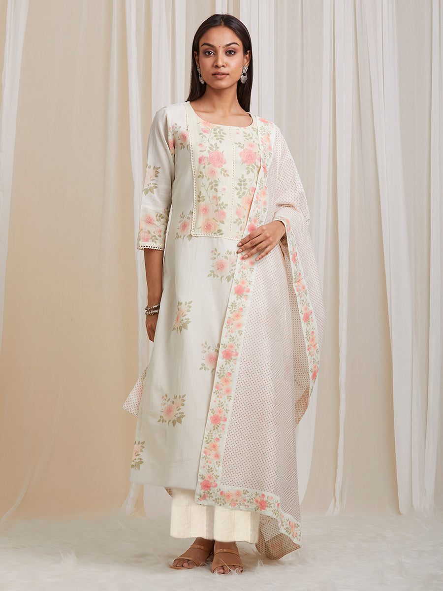 Offwhite Cotton Kurta With Vintage Floral Design All Over And An Elaborate Yoke With Lace Detailing With Chanderi Dupatta - Kurta & Pant with Dupatta